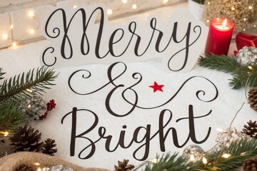 Merry and Bright Handwritten Lettering for Christmas Greeting Cards and Posters with Festive Decorations, Cozy Winter Background, and Cheerful Colors for Holiday Spirit