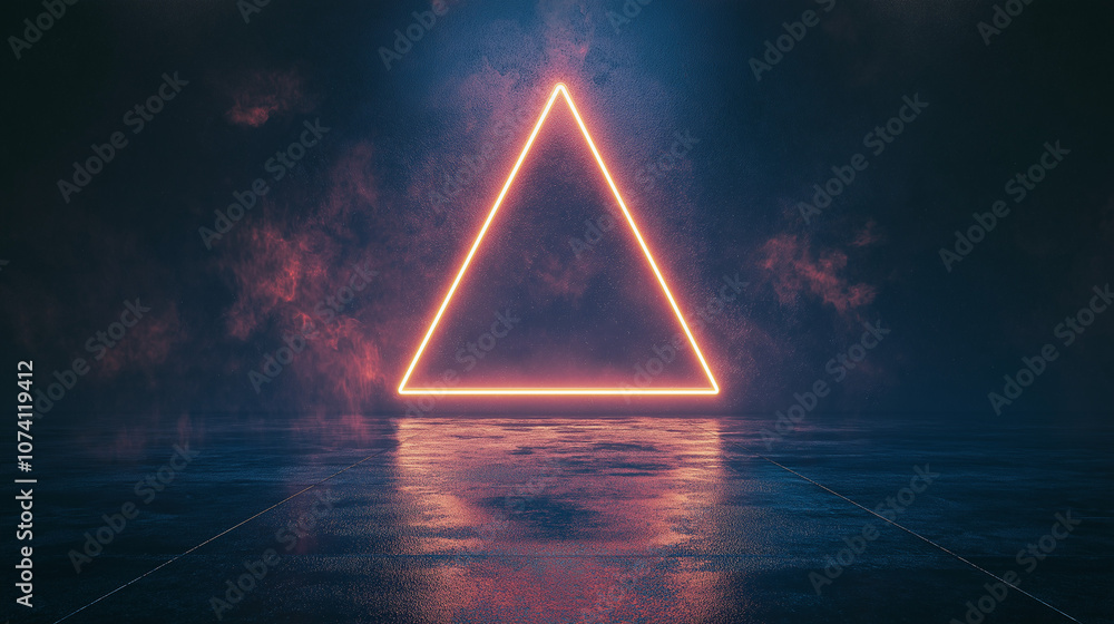 Poster neon triangle in a mystical setting: a vibrant orange neon triangle illuminates a dark, atmospheric 