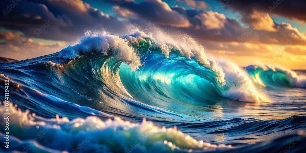 Poster mesmerizing abstract ocean waves in deep blue gradients with ethereal light, capturing turbulent mot