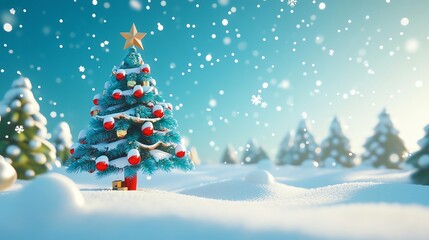 Festive Christmas scene with snowy tree.