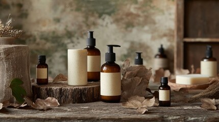Earthy Minimalism: Natural Body Care Products with Rustic Wood and Leaves Setting