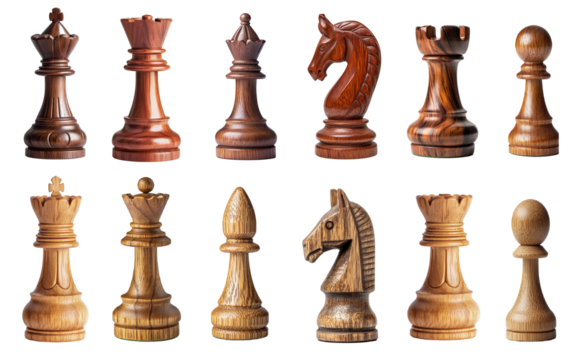 Wood Chess set with king, queen, bishop, knight, rook, and pawn - competitive sides with all pieces