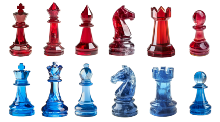 Chess set with king, queen, bishop, knight, rook, and pawn - competitive sides with all pieces for red and blue crystal