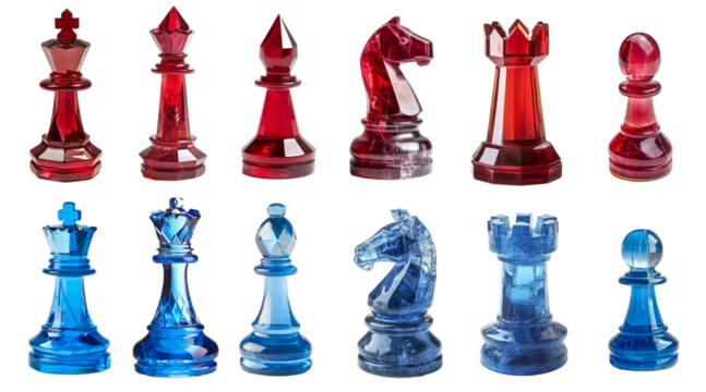 Chess set with king, queen, bishop, knight, rook, and pawn - competitive sides with all pieces for red and blue crystal