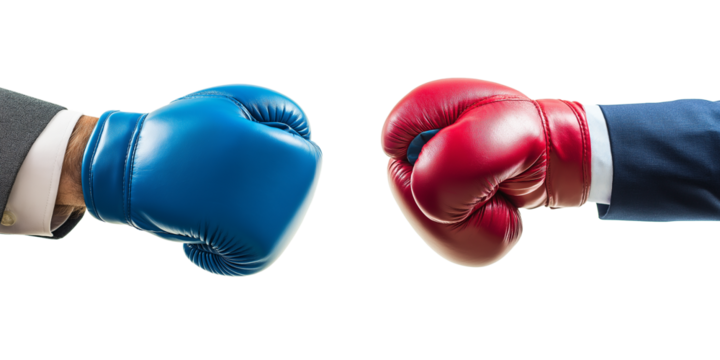 hands Put arm in suit professional wearing  two man hands in red and blue boxing
