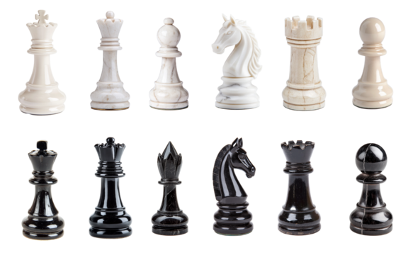 Chess set with king, queen, bishop, knight, rook, and pawn - competitive sides with all pieces in white and black ebony and ivory