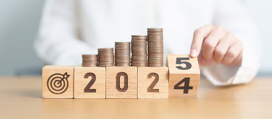 2024 end year to Happy New Year 2025 with Coins stack and dartboard icon. Strategy, goal, Money,...