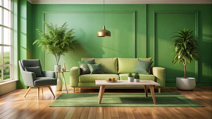 Minimalist Green Interior 3D Rendering Featuring Sofa, Table, and Wooden Flooring with Stylish Decor and Ample Copy Space for Modern Home Design Inspiration
