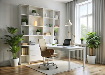 Fototapeta premium Minimalist Home Office with White Bookcase and Desk Featuring a Clean Aesthetic and Natural Light for a Productive Work Environment