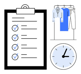 Clipboard with checklist, clothing rack with shirts and pants, analog clock. Ideal for productivity, time-saving, planning, organization, wardrobe management efficiency and goal setting. Line