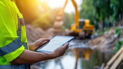 Construction Worker Using Tablet on Job Site Near Heavy Machinery by Waterway During Sunset for Project Management and Planning