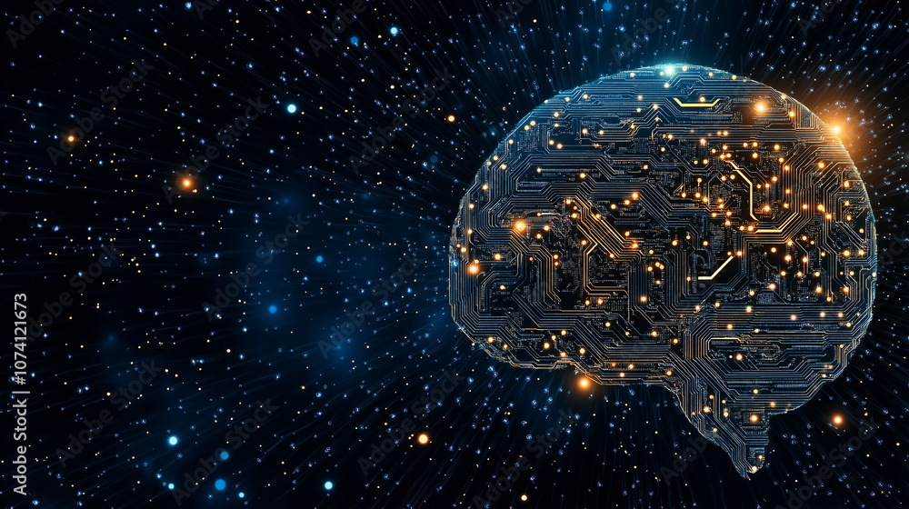 Poster cosmic brain circuitry: a mesmerizing digital illustration of a brain composed of intricate circuit 