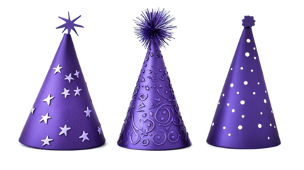 Set of Three Purple Birthday Hats for Festive Celebrations Generative AI