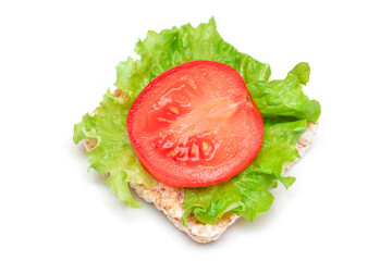 Rice Cake Sandwich with Tomato and Lettuce - Isolated on White. Easy Breakfast. Diet Food. Quick and Healthy Sandwiches. Crispbread with Tasty Filling. Healthy Dietary Snack - Isolation