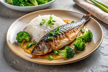 Minimalist Presentation of Godeungeo Jorim: A Deliciously Braised Mackerel Dish Served with Fresh Vegetables and Rice on a Simple White Plate Against a Neutral Background