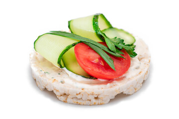 Vegan Rice Cake Sandwich with Fresh Tomato, Cucumber and Greens - Isolated on White Background. Vegetarian Diet Food. Quick and Healthy Sandwiches. Crispbread with Fresh Fillings. Dietary Snack