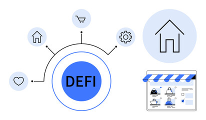 DEFI at center of network with icons for house, heart, shopping cart, and gear. House icon in top right circle. Online financial interface at bottom right. Ideal for finance, business, technology
