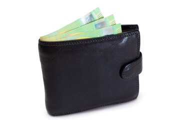 Black Leather Men Wallet with Euro Banknotes Inside - Isolated on White Background. A Purse Full of Money Symbolizing Wealth, Success and Social Status - Isolation