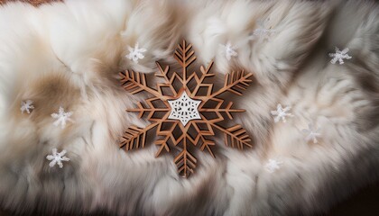 柔らかな毛皮のテクスチャに、白い雪の結晶と木製のスノーフレークが重なり合うデザイン。自然の温もりと冬らしい静寂感が魅力。
