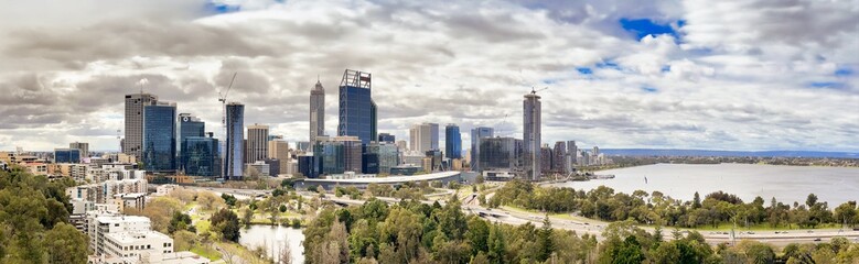 Fototapeta premium Perth, WA - September 2, 2023: Panoramic view of Perth skyline from the city hill