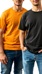 People wearing casual t-shirts on white background, closeup. Mockup for design isolated with white highlights, png