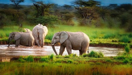 Fototapeta premium Family of Elephants , Elephants taking a bath in a water poolwith mud, eating green grass. African Elephants in landscape, green Africa background 