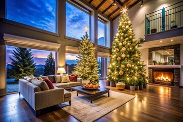 Modern Christmas Decor in a Minimalist Home: Night Photography of a Sleek Holiday Setting with a Beautifully Lit Tree Against a Contemporary Interior Backdrop