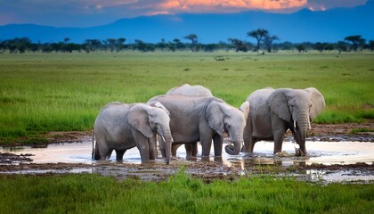 Obraz premium Family of Elephants , Elephants taking a bath in a water poolwith mud, eating green grass. African Elephants in landscape, green Africa background 
