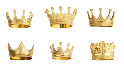 Realistic Set of Golden Crowns Isolated on a Transparent Background Generative AI