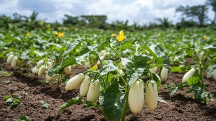 White Eggplants Growing in a Lush Field