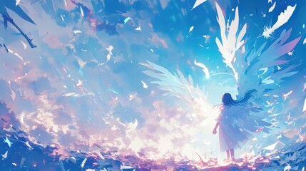 Obraz premium The young fairy flitted through the meadow her wings sprinkling shimmering dust that turned into a cloud of floating feathers creating a spellbinding path as she flew.