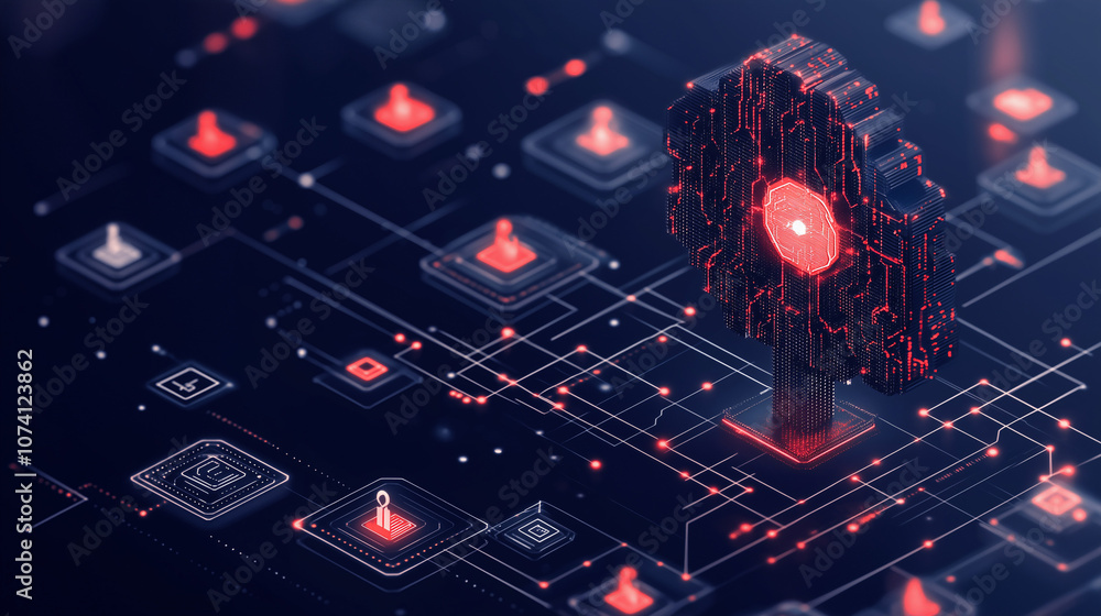 Poster digital tree of knowledge: a futuristic abstract concept, a glowing red tree symbolizes knowledge an