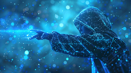 A stylish hood man poses in the dark night, him face illuminated by the soft blue neon lights.