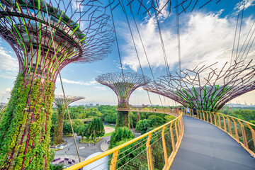 Singapore - September 13, 2023: Gardens by the Bay and Skywalk at sunset in Marina Bay