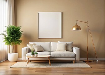 Modern Minimalist Living Room Design with White Sofa and Floor Lamp, Perfect for Wall Art Mockup, Bright Beige Color Scheme, Ideal for Interior Decor Inspiration