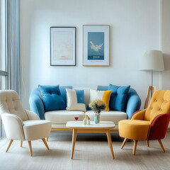 scandinavian interior design of modern living room  vibrant colorful  furniture