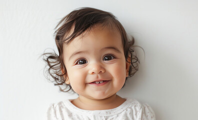 Naklejka premium Beautiful dark hair baby smiling and showing first teeth
