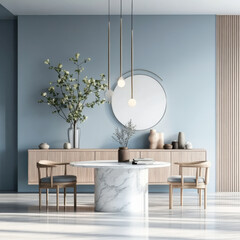 Interior design of modern living room, marble table and chairs