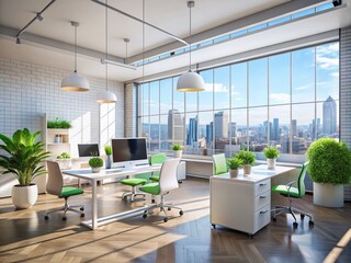 Fototapeta premium Modern White Coworking Office Interior with Empty Mock-Up Poster, Stylish Furniture, Expansive Windows, and City View Bathed in Daylight - 3D Rendering Concept