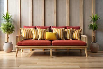 Modern Wooden Sofa with Striped Cushions in a Minimalist Setting: Emphasizing Comfort and Style in Home Decor
