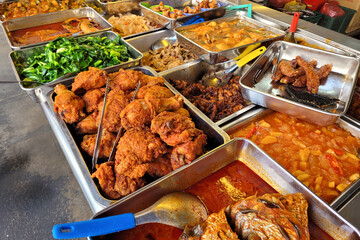 Assortment of Traditional Malaysian Dishes at a Food Stall