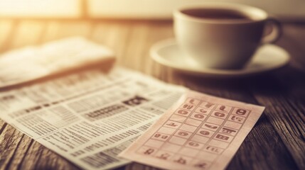 Lottery ticket closeup on a table, symbolizing hope and dreams of a better future, with a glimmer of anticipation and chance.