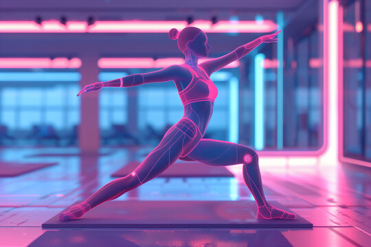 Futuristic fitness class glowing with neon light creating an energetic atmosphere for workout. Embracing technology for fitness and wellness.