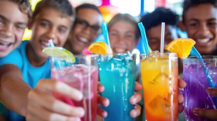 A group of teenage boys show off their mixology skills shaking up unique and colorful mocktails in a variety of glasses.