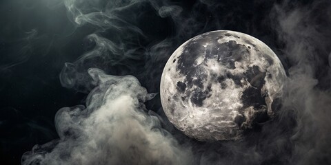 Monochrome Abstract Moon Art with Textured Black Smoke Swirls Capturing the Ethereal Beauty of the Night Sky in Stunning Macro Photography for Artistic Inspiration and D&eacute;cor
