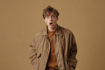 Fototapeta premium Surprised young man opening his mouth in amazement while posing on brown background