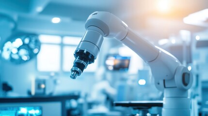 Robotic arm in a medical setting, likely for surgery or precision tasks.