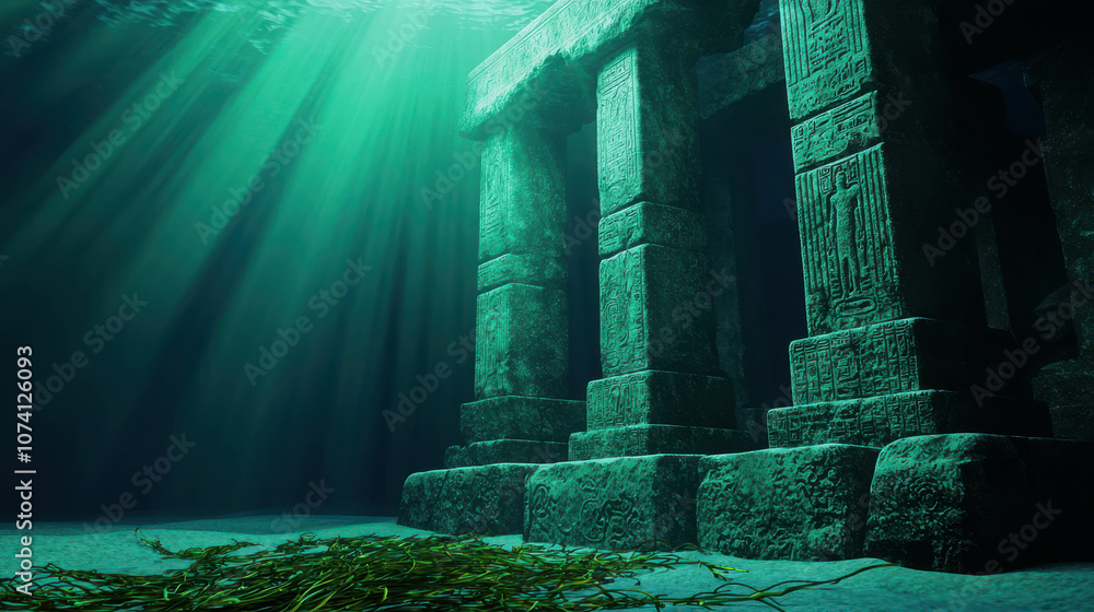 Poster stunning underwater view of an ancient submerged temple with intricate carvings and mysterious atmos