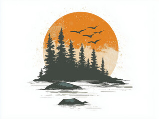 Logo retro style illustration of acadia national park landscape