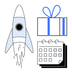 Rocket launching next to a gift box and calendar with three icons depicting progress and achievement. Ideal for project planning, goal setting, celebrations, time management, productivity strategies